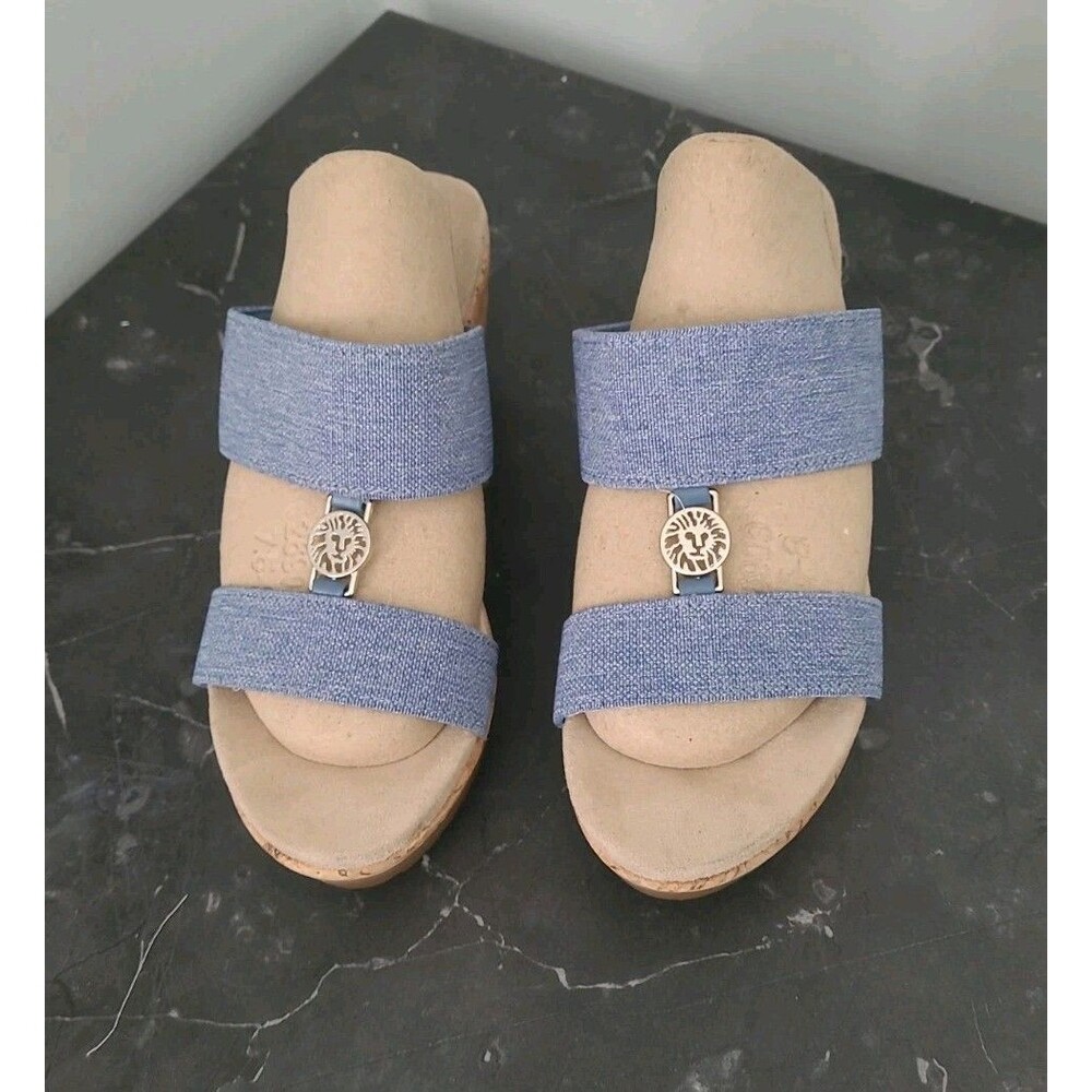 AK Anne Klein Wedge Sandals Womens 8M Blue Cork Slip On iflex Shoes